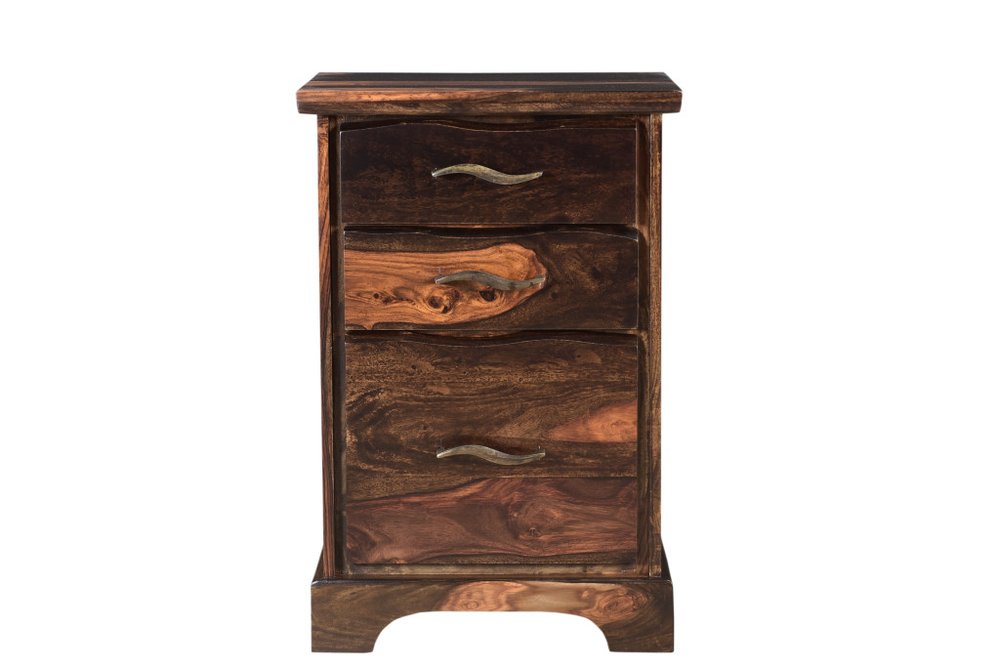 30" Dark Brown Solid Wood Three Drawer Live Edge Filing Cabinet. Filing cabinet isolated on a plain white background, finished in dark brown wood.