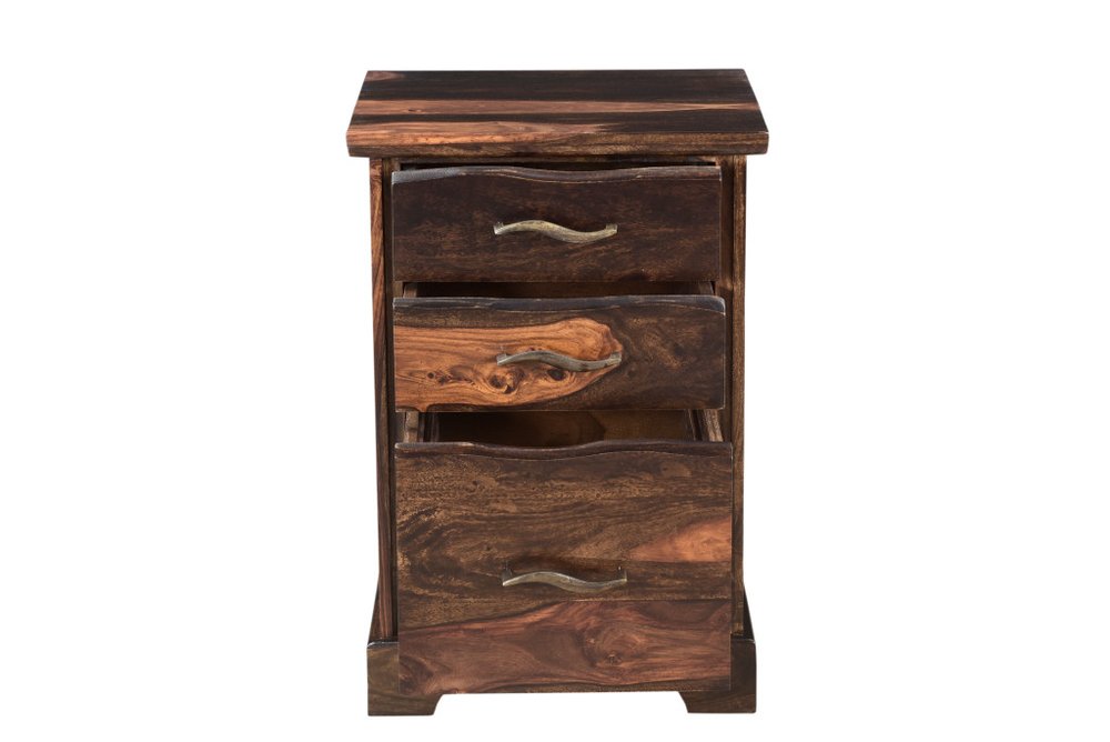 30" Dark Brown Solid Wood Three Drawer Live Edge Filing Cabinet. Filing cabinet isolated on a plain white background, showing a dark brown wood surface.
