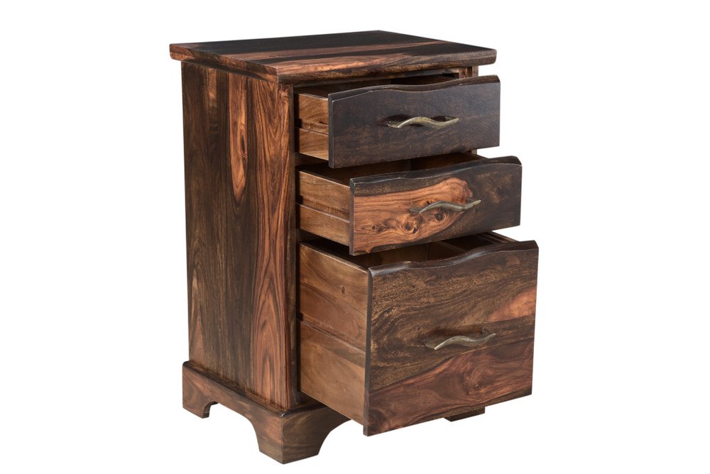 30" Dark Brown Solid Wood Three Drawer Live Edge Filing Cabinet. Filing cabinet isolated on a plain white background, in a dark brown wood finish.