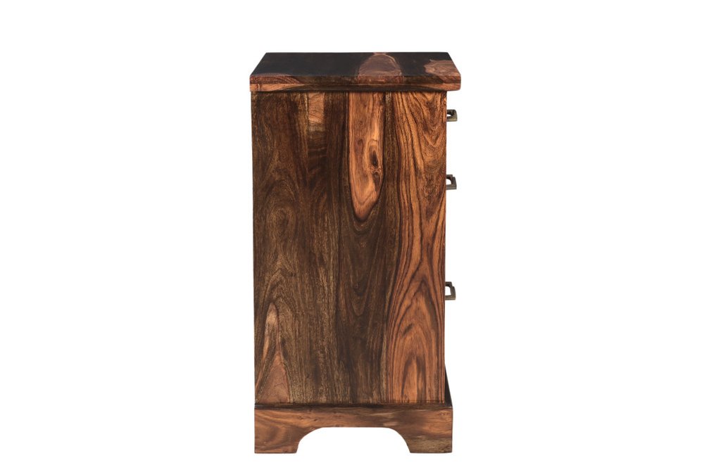 30" Dark Brown Solid Wood Three Drawer Live Edge Filing Cabinet. Filing cabinet isolated on a plain white background, finished in dark brown wood.
