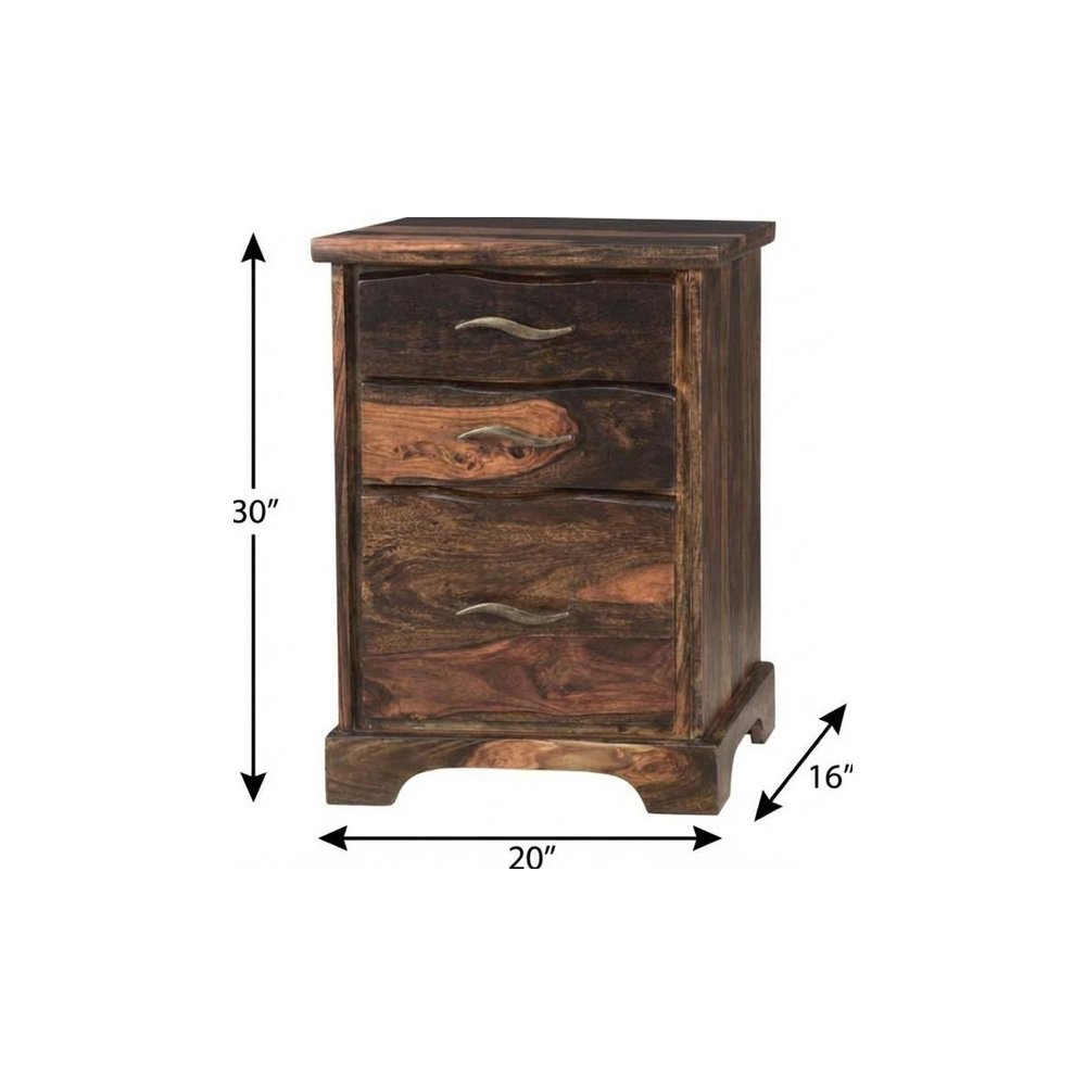 30" Dark Brown Solid Wood Three Drawer Live Edge Filing Cabinet. Filing cabinet isolated on a plain white background, finished in dark brown wood.