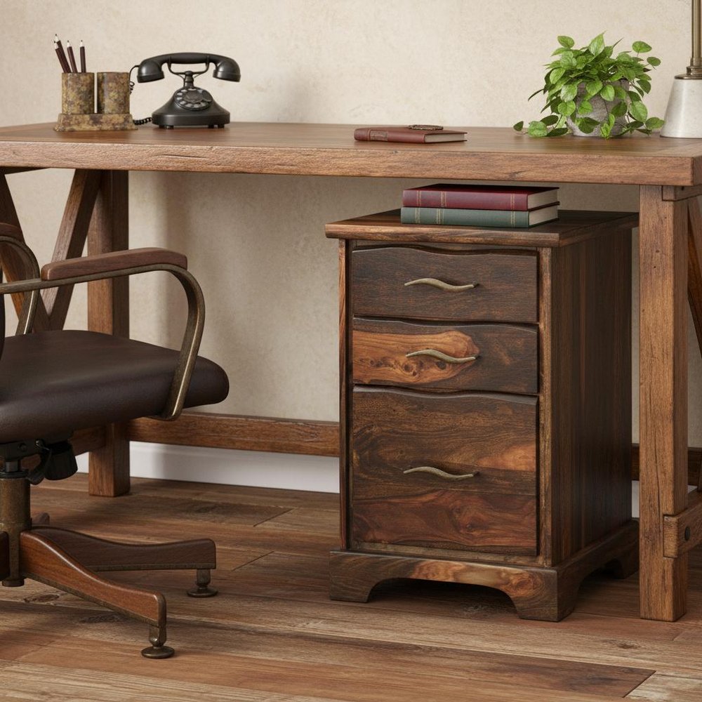 30" Dark Brown Solid Wood Three Drawer Live Edge Filing Cabinet. Filing cabinet in dark brown wood.