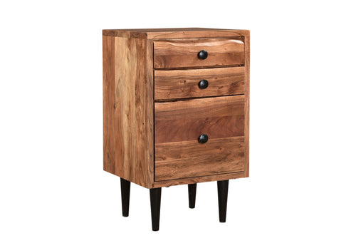 Brown solid wood three-drawer filing cabinet with black legs on a white background.