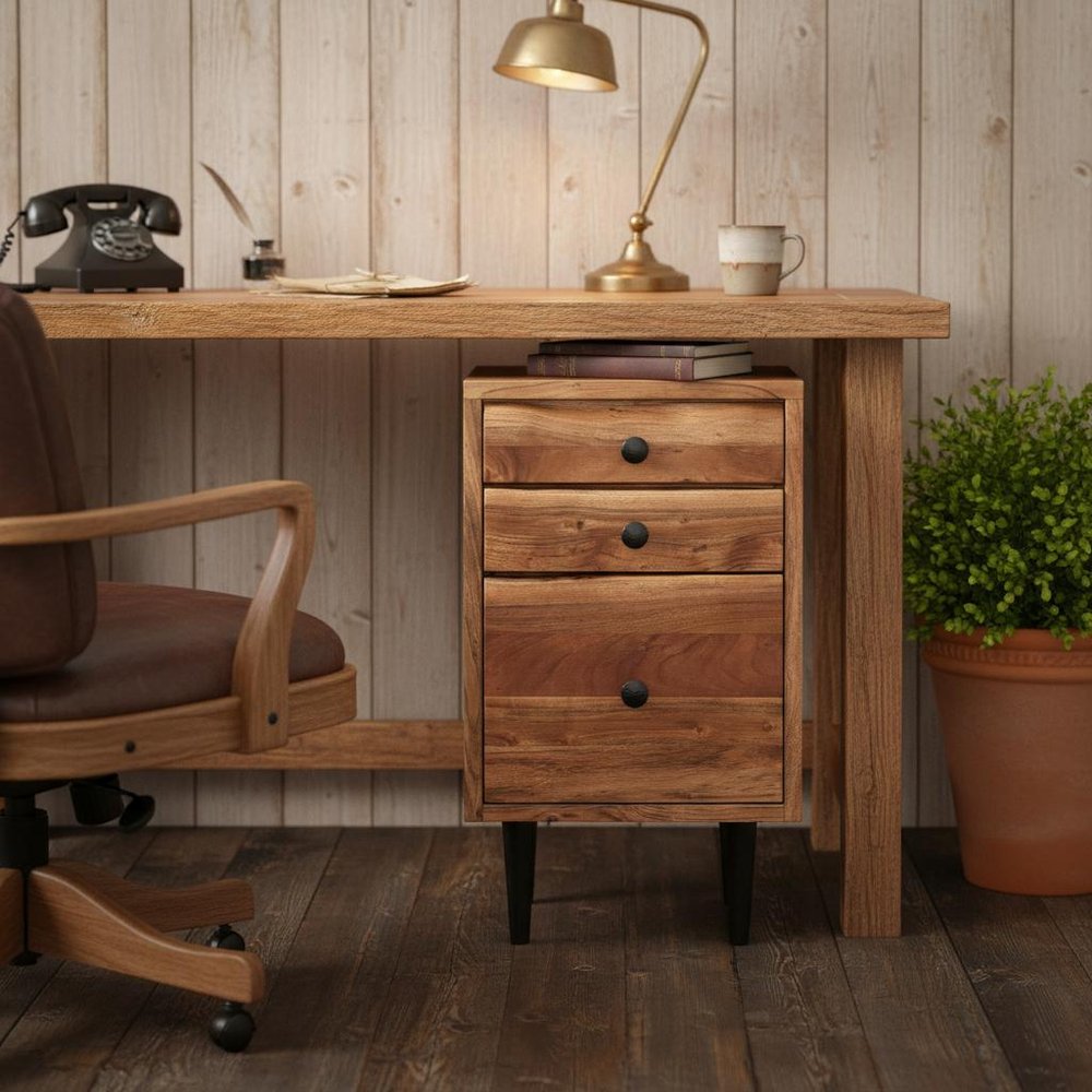 30" Brown Solid Wood Three Drawer Live Edge Filing Cabinet