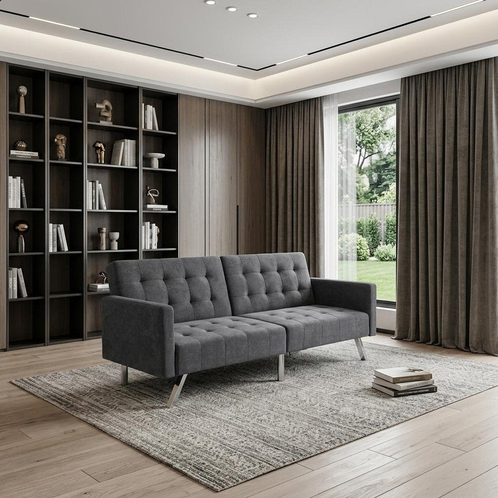 75" Dark Gray Linen Sleeper Sofa With Silver Legs