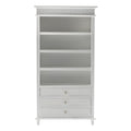 Antiqued White Solid Wood Four Tier Bookcase with Three Drawers on a white background