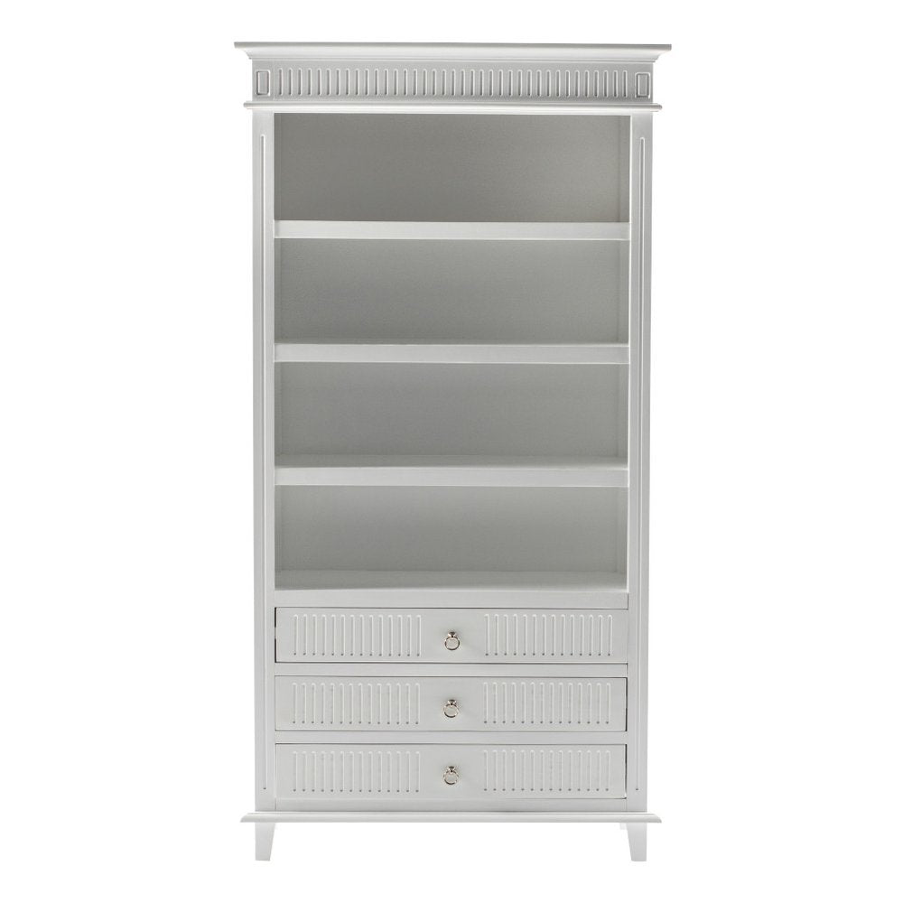 Antiqued White Solid Wood Four Tier Bookcase with Three Drawers on a white background