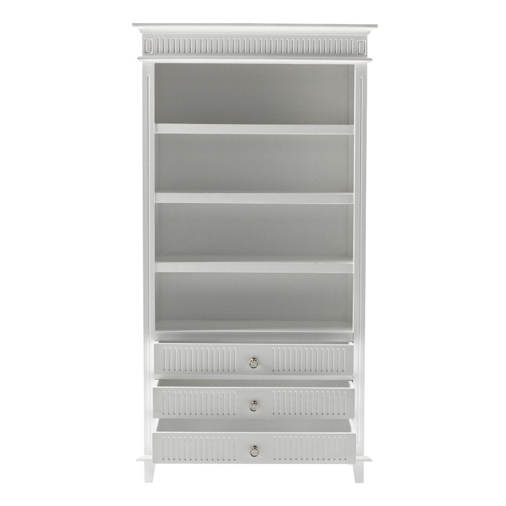 Antiqued White Solid Wood Four Tier Bookcase with Three Drawers on a white background