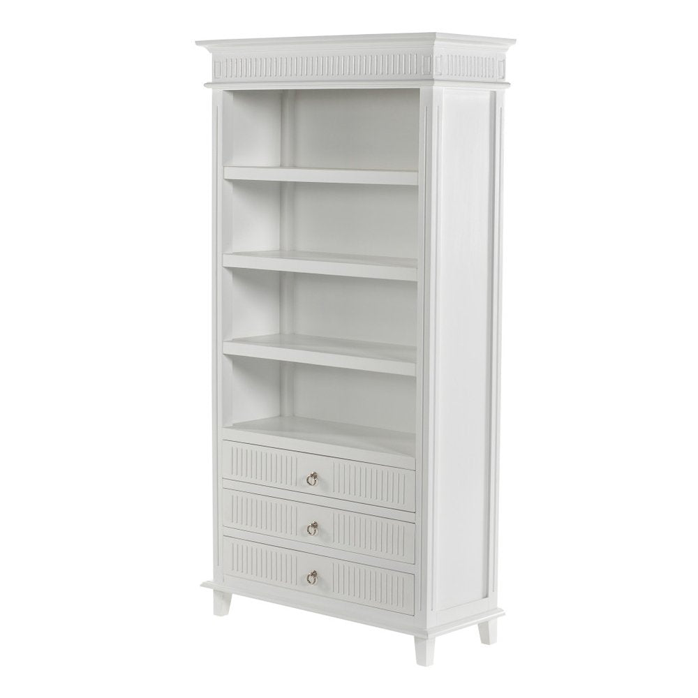 Antiqued White Solid Wood Four Tier Bookcase with Three Drawers on a white background