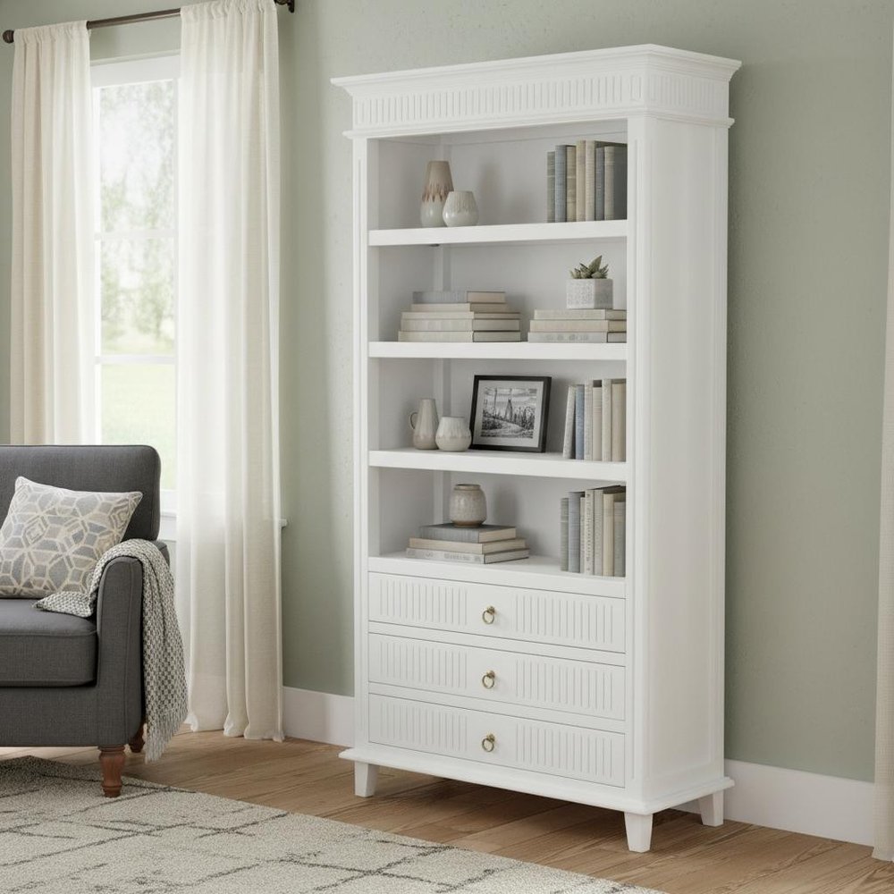 Antiqued White Solid Wood Four Tier Bookcase with Three Drawers close-up detail