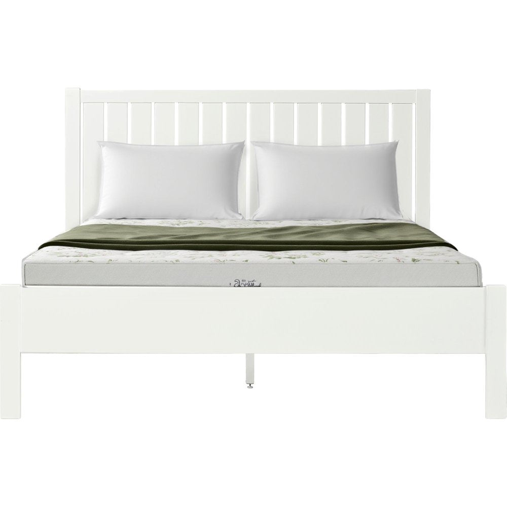 White Shiplap Texture Solid Wood Queen Bed Frame - 43.3" H x 83.5" W x 63" D on a white background