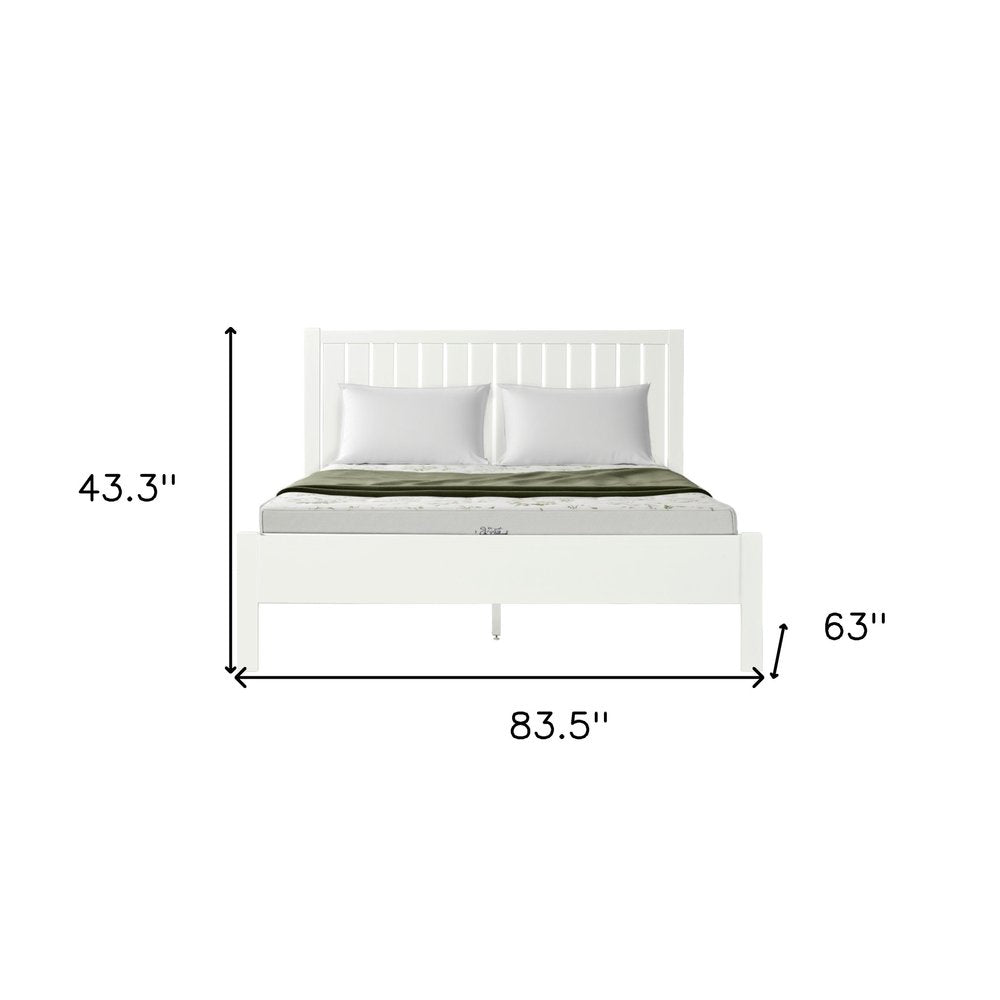 White Shiplap Texture Solid Wood Queen Bed Frame - 43.3" H x 83.5" W x 63" D on a white background