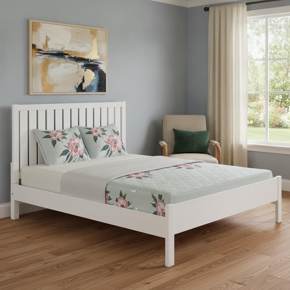 White Shiplap Texture Solid Wood Queen Bed Frame - 43.3" H x 83.5" W x 63" D in a home interior