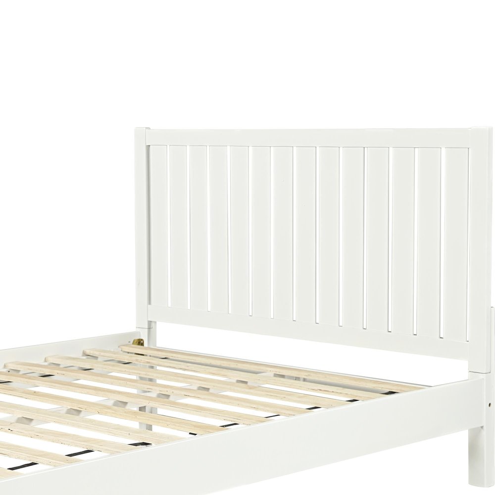 White Shiplap Texture Solid Wood Queen Bed Frame - 43.3" H x 83.5" W x 63" D on a white background