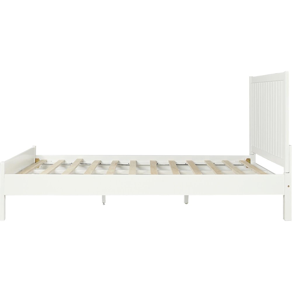White Shiplap Texture Solid Wood Queen Bed Frame - 43.3" H x 83.5" W x 63" D on a white background