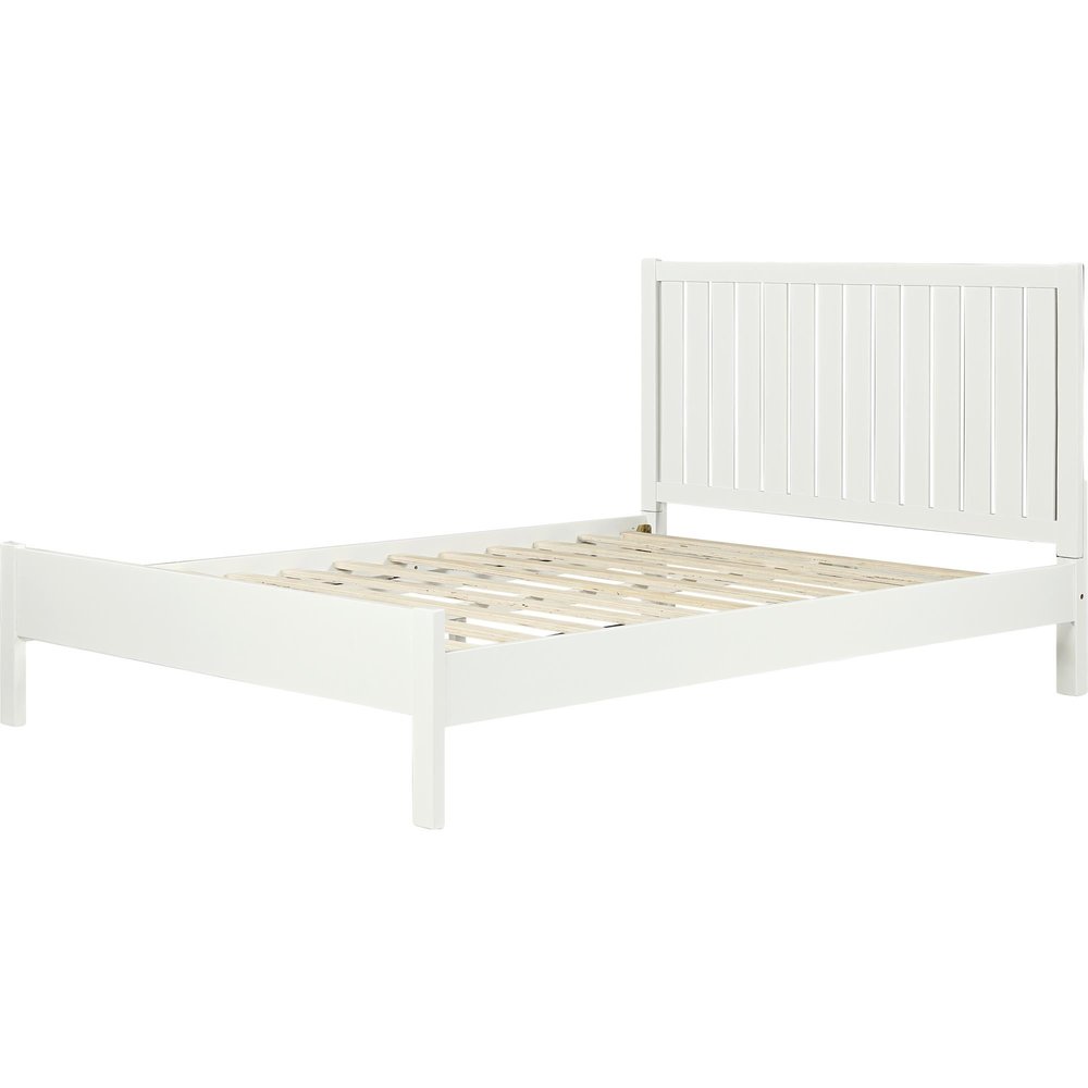 White Shiplap Texture Solid Wood Queen Bed Frame - 43.3" H x 83.5" W x 63" D on a white background