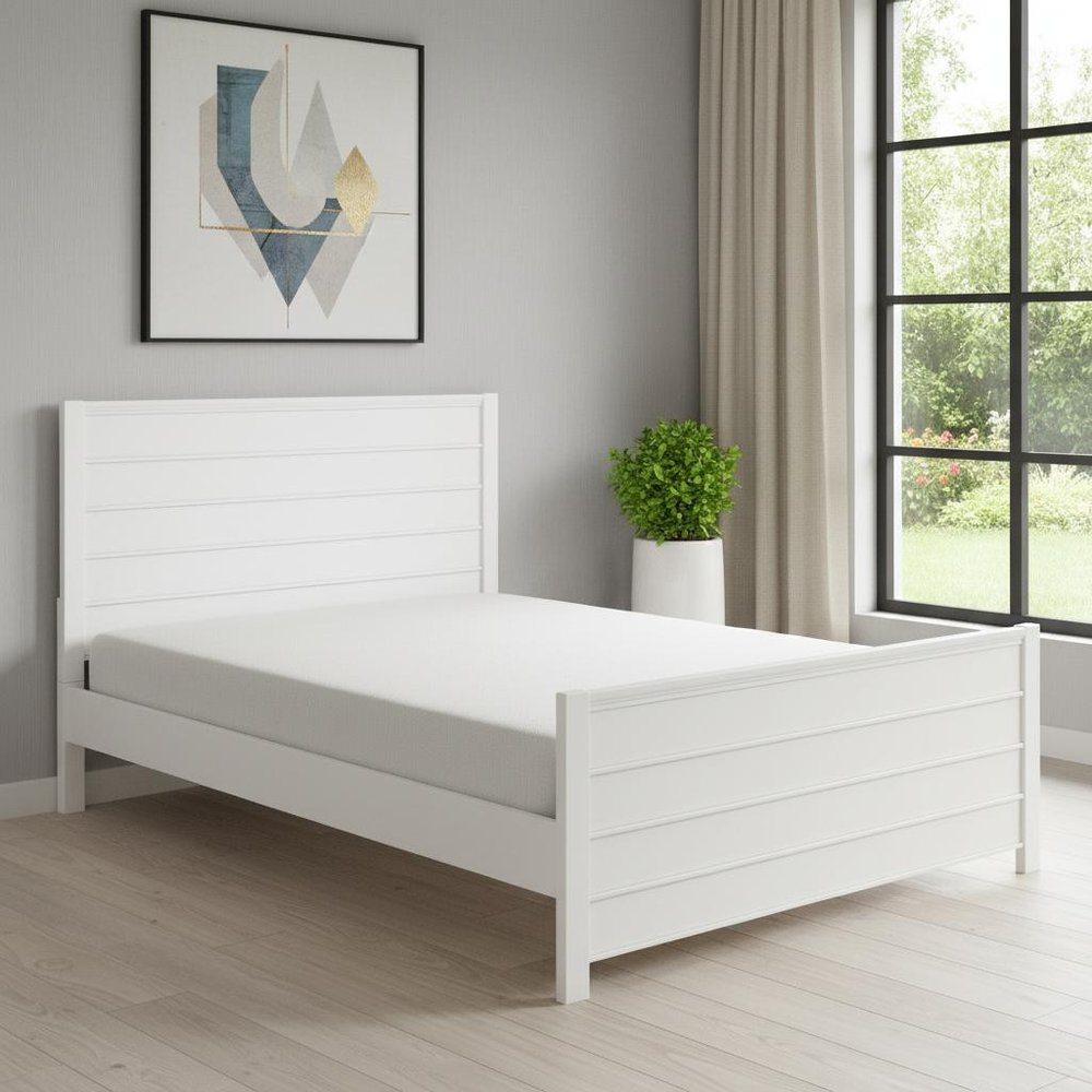 White Shiplap Texture Solid Wood Queen Bed Frame in a home interior
