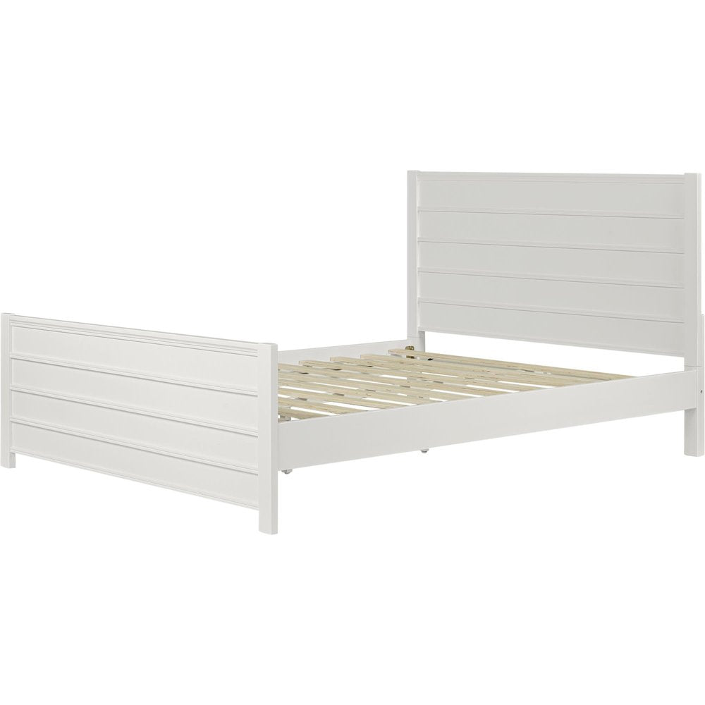 White Shiplap Texture Solid Wood Queen Bed Frame on a white background