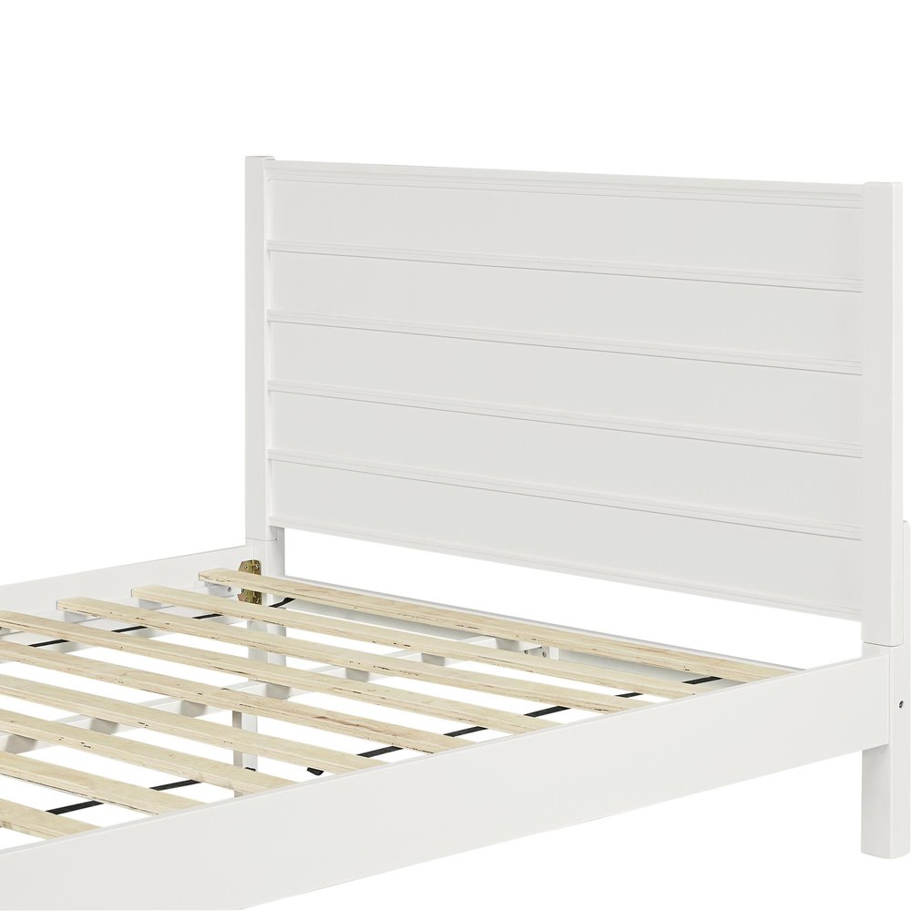 White Shiplap Texture Solid Wood Queen Bed Frame on a white background