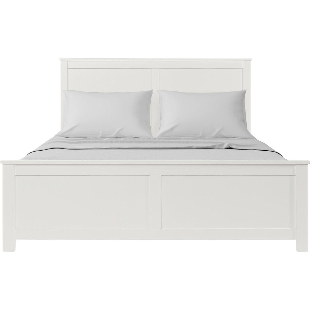White solid wood queen bed frame with two pillows and a gray blanket on a white background.