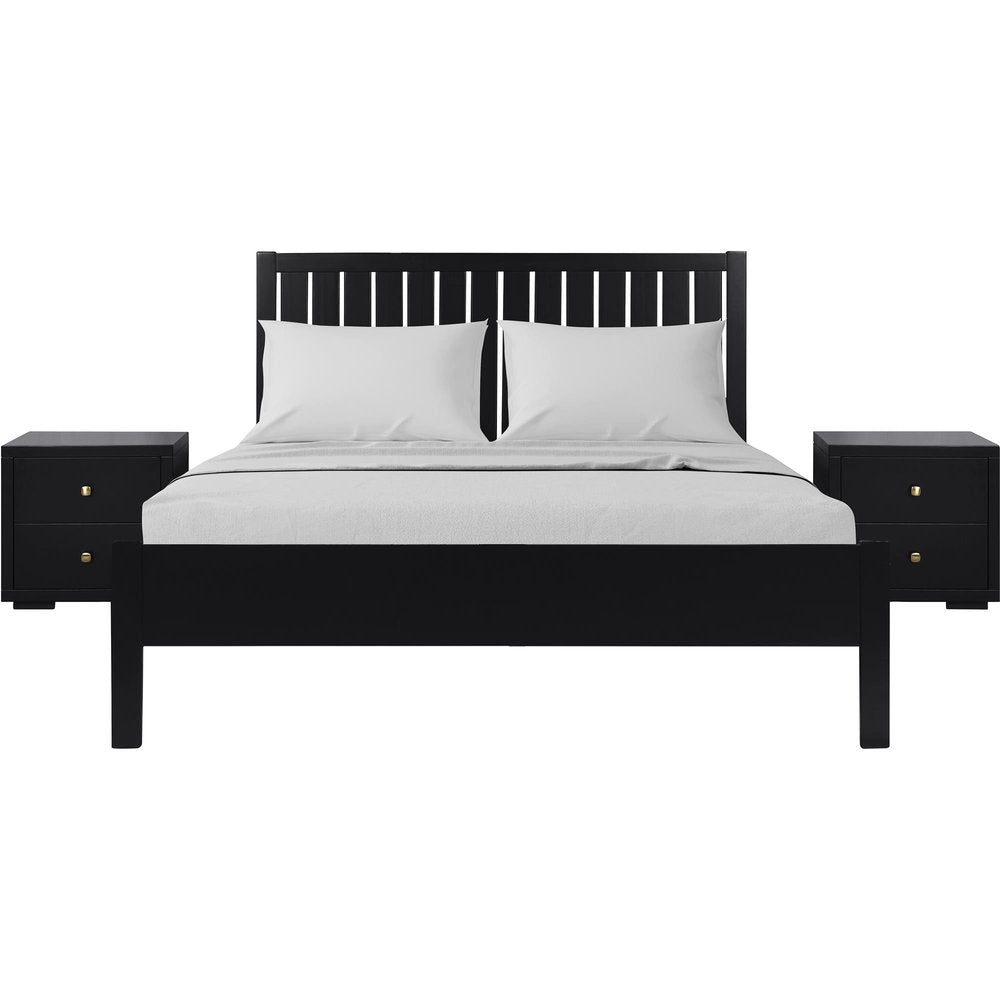 Black solid wood bed frame with two matching nightstands and white bedding against a white background.