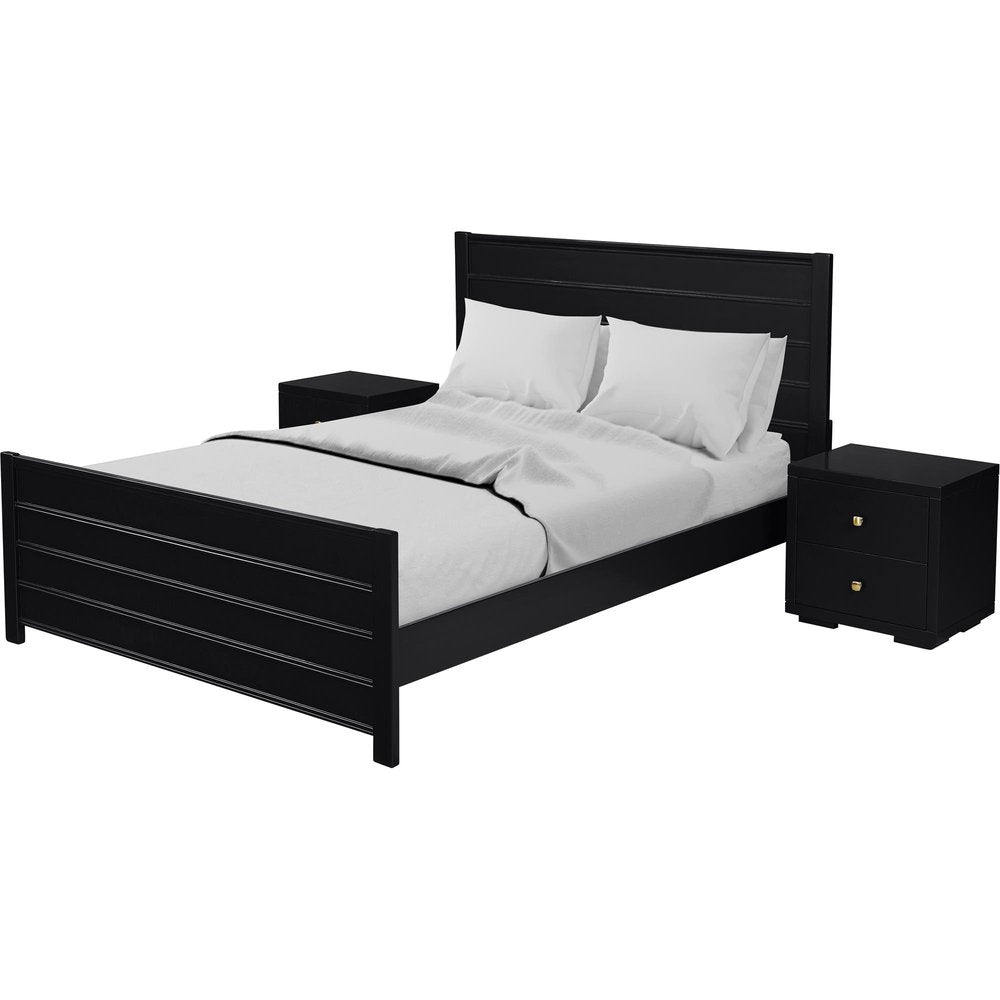 Black solid wood bed frame with two matching nightstands, set against a white background.