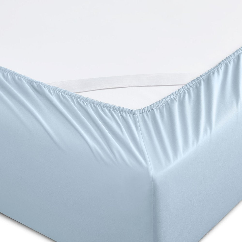 Six Piece Powder Blue Tencel Lyocell Queen Sheet Set on a white background