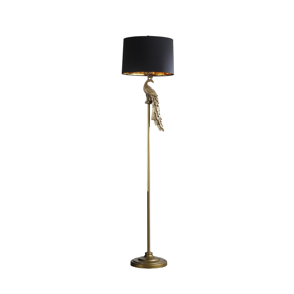 65" Gold And Black Floor Lamp With Black Fabric Drum Shade. Floor lamp isolated on a plain white background, in a gold metal finish.