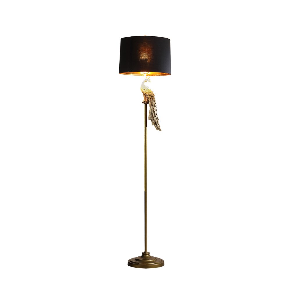 65" Gold And Black Floor Lamp With Black Fabric Drum Shade. Floor lamp isolated on a plain white background, finished in gold metal.