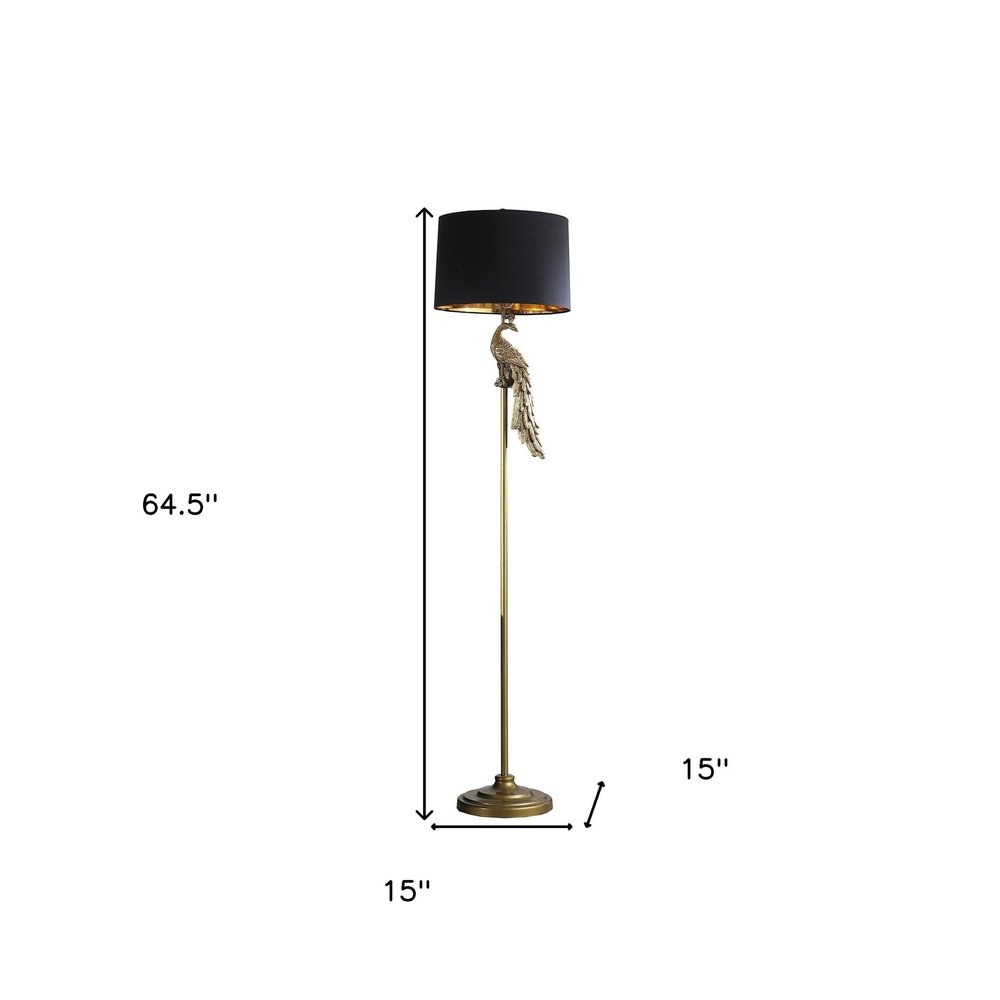 65" Gold And Black Floor Lamp With Black Fabric Drum Shade