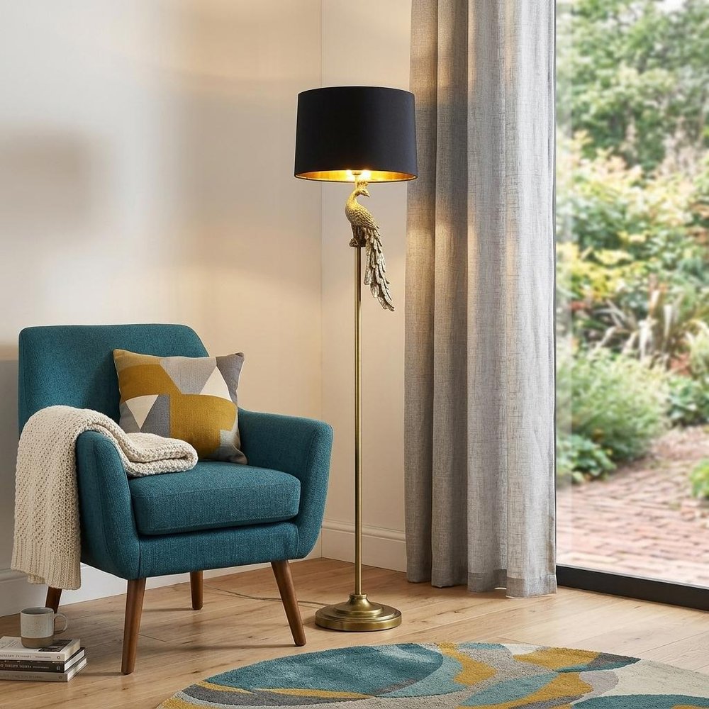 65" Gold And Black Floor Lamp With Black Fabric Drum Shade