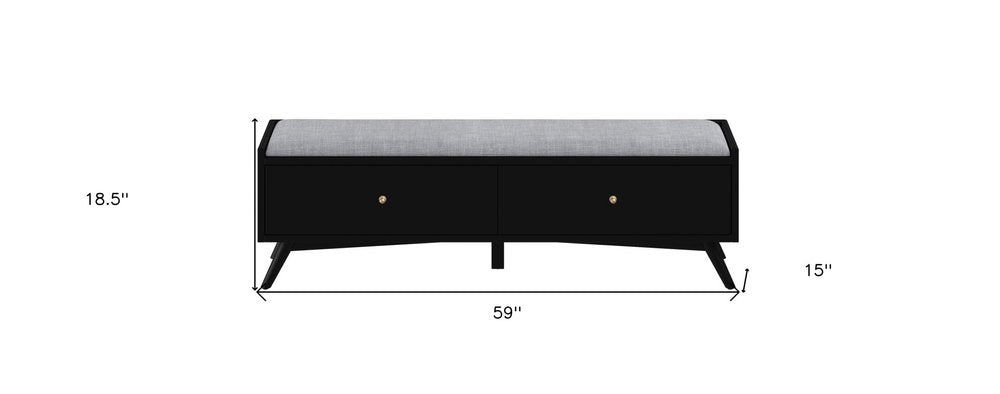 59" Gray and Black Fabric Upholstered Storage Bench with Drawers. Bench isolated on a plain white background, showing a black fabric surface.