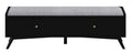 59" Gray and Black Fabric Upholstered Storage Bench with Drawers. Bench isolated on a plain white background, showing a black fabric surface.