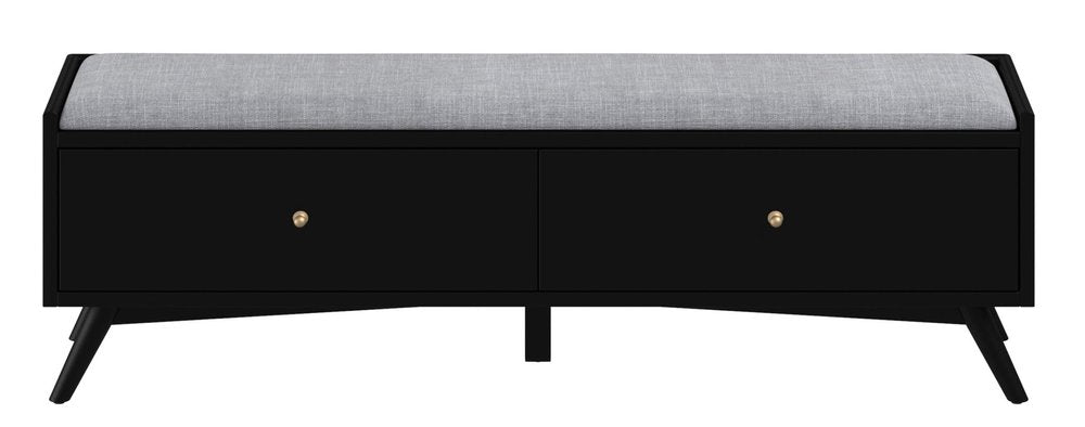 Black storage bench with gray upholstered top and two drawers, on angled black legs.