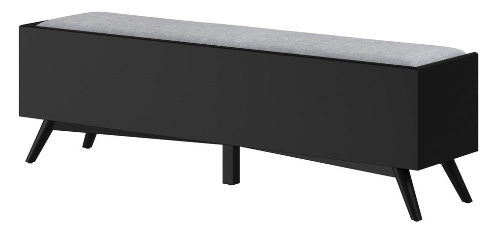 59" Gray and Black Fabric Upholstered Storage Bench with Drawers. Bench isolated on a plain white background, finished in black fabric.