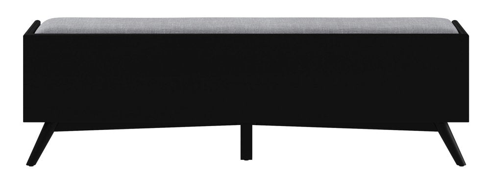 59" Gray and Black Fabric Upholstered Storage Bench with Drawers. Bench isolated on a plain white background, showing a black fabric surface.