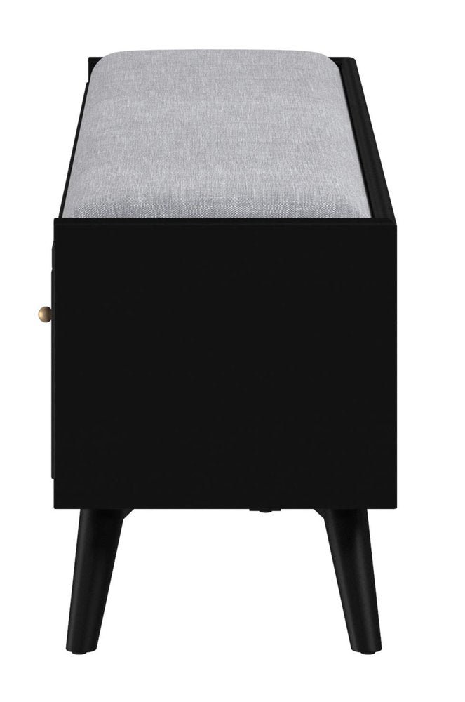 59" Gray and Black Fabric Upholstered Storage Bench with Drawers. Bench isolated on a plain white background, in a black fabric finish.