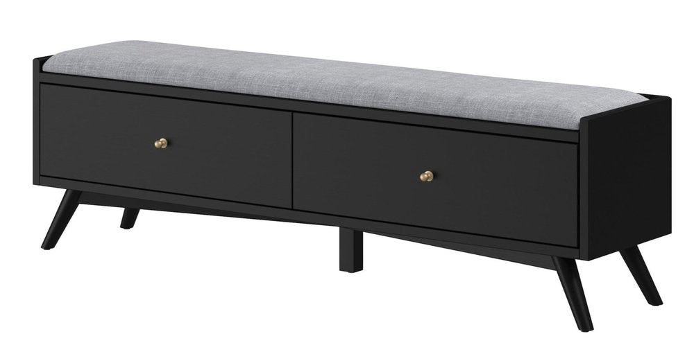 59" Gray and Black Fabric Upholstered Storage Bench with Drawers. Bench isolated on a plain white background, in a black fabric finish.