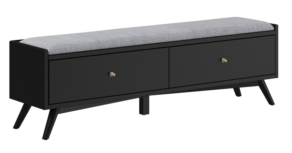 59" Gray and Black Fabric Upholstered Storage Bench with Drawers. Bench isolated on a plain white background, in a black fabric finish.