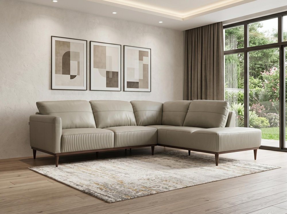 Light Green Leather L Shaped Two Piece Sofa and Chaise Sectional