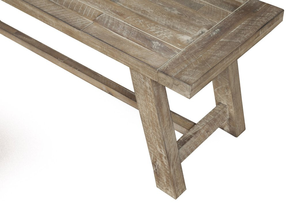 Close-up of a natural distressed solid wood dining bench with a white background.