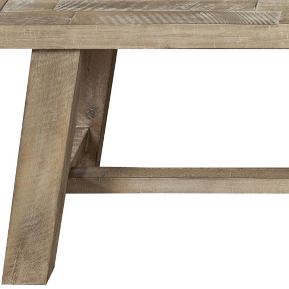 60" Natural Distressed Solid Wood Dining Bench. Bench isolated on a plain white background, finished in brown wood.