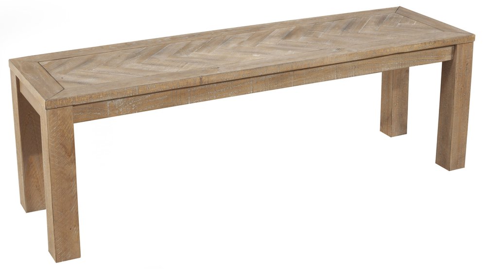 A long, narrow, natural distressed solid wood dining bench with a herringbone pattern on the tabletop, set against a white background.
