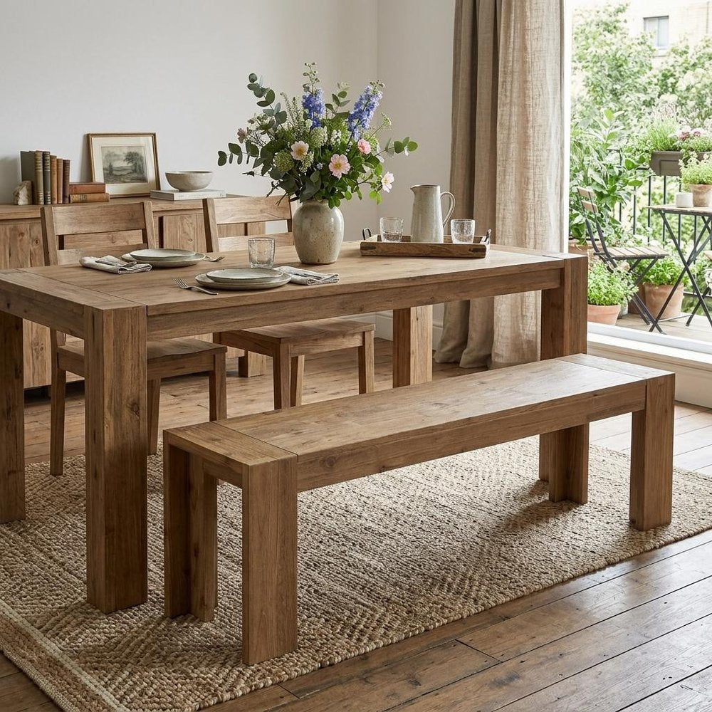 58" Natural Distressed Solid Wood Dining Bench styled in a furnished interior with a light gray wall on a dark wood floor in tan wood.