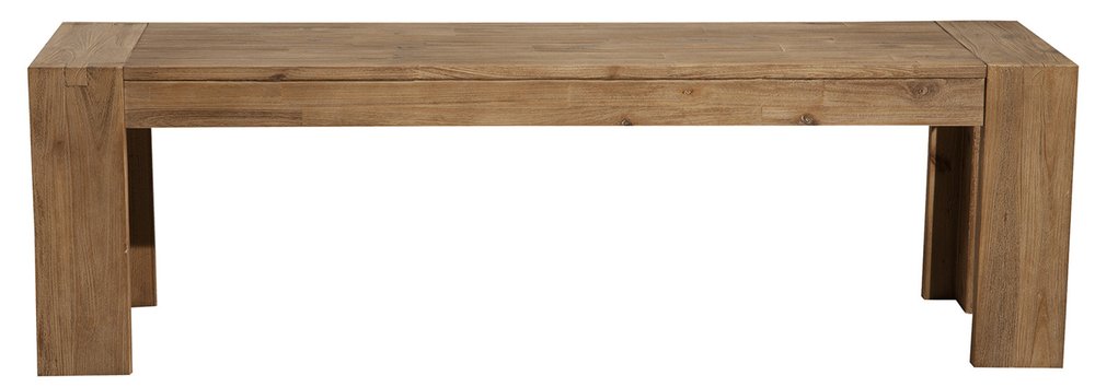 Natural distressed solid wood dining bench with plank top and block legs on a white background.