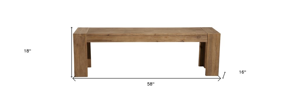 58" Natural Distressed Solid Wood Dining Bench. Bench isolated on a plain white background, in a tan wood finish.
