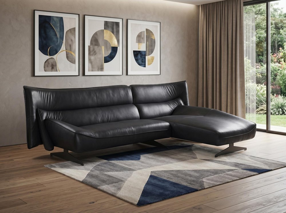 Dark Gray Top Grain Leather L Shaped Two Piece Sofa and Chaise Sectional