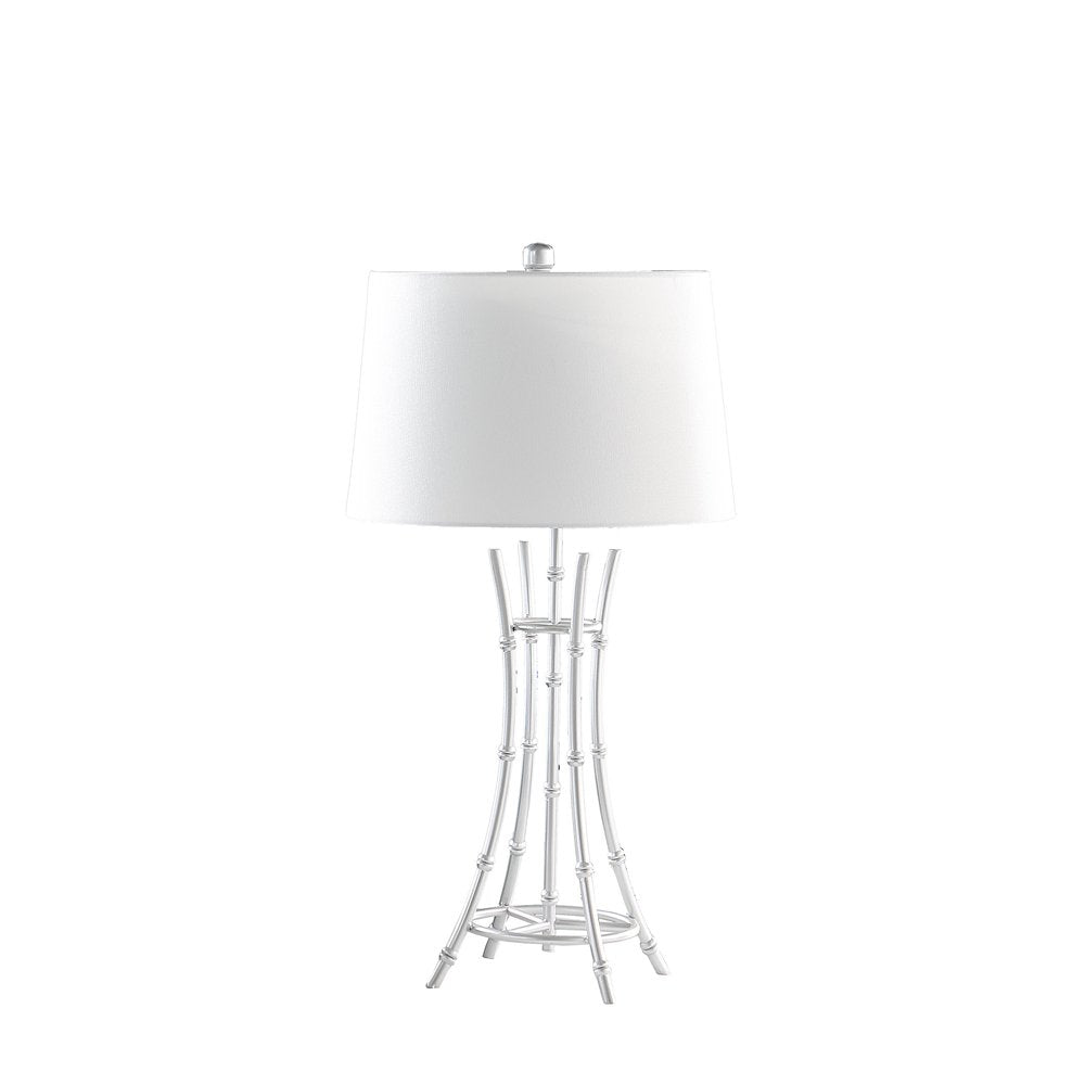 29" Silver Bamboo Design Table Lamp With Off White Drum Shade. Table lamp isolated on a plain white background, finished in off-white.