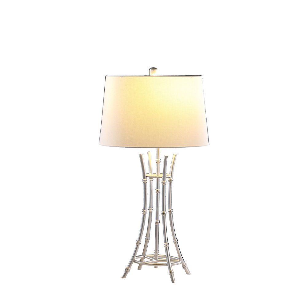29" Silver Bamboo Design Table Lamp With Off White Drum Shade. Table lamp isolated on a plain white background, showing its off-white color.