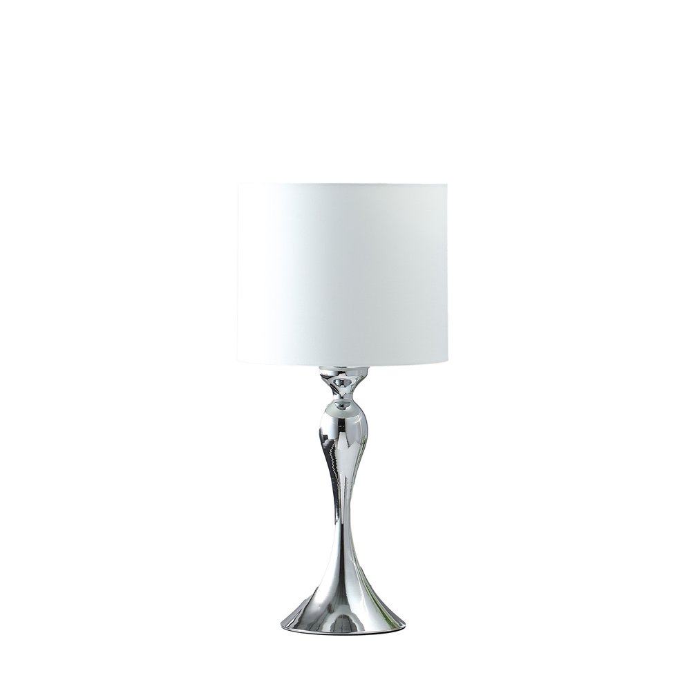 25" Silver Sleek Table Lamp With Off White Drum Shade. Table lamp isolated on a plain white background, showing its off-white color.